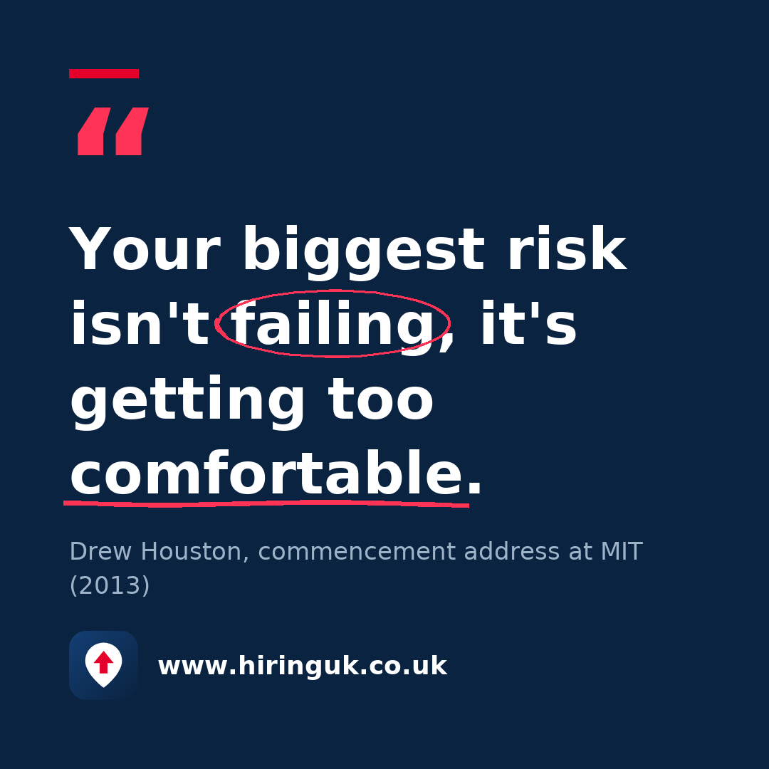Quote card: Your biggest risk isn't failing, it's getting too comfortable.