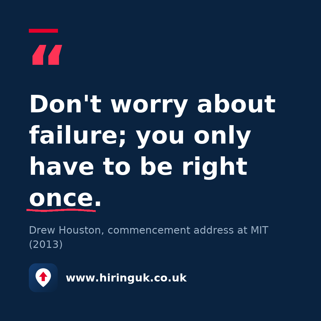 Quote card: Don't worry about failure; you only have to be right once.