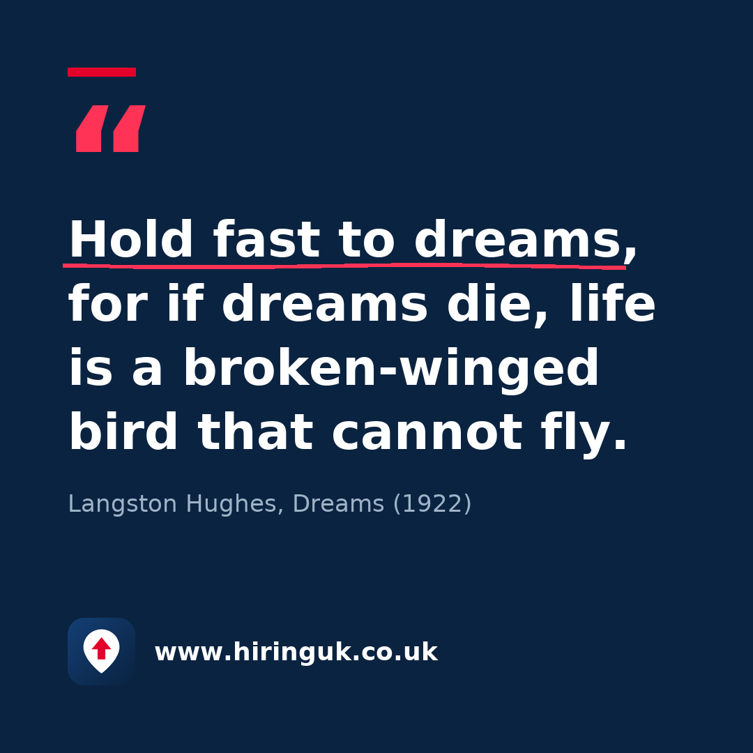 Quote card: Hold fast to dreams, for if dreams die, life is a broken-winged bird that cannot fly.