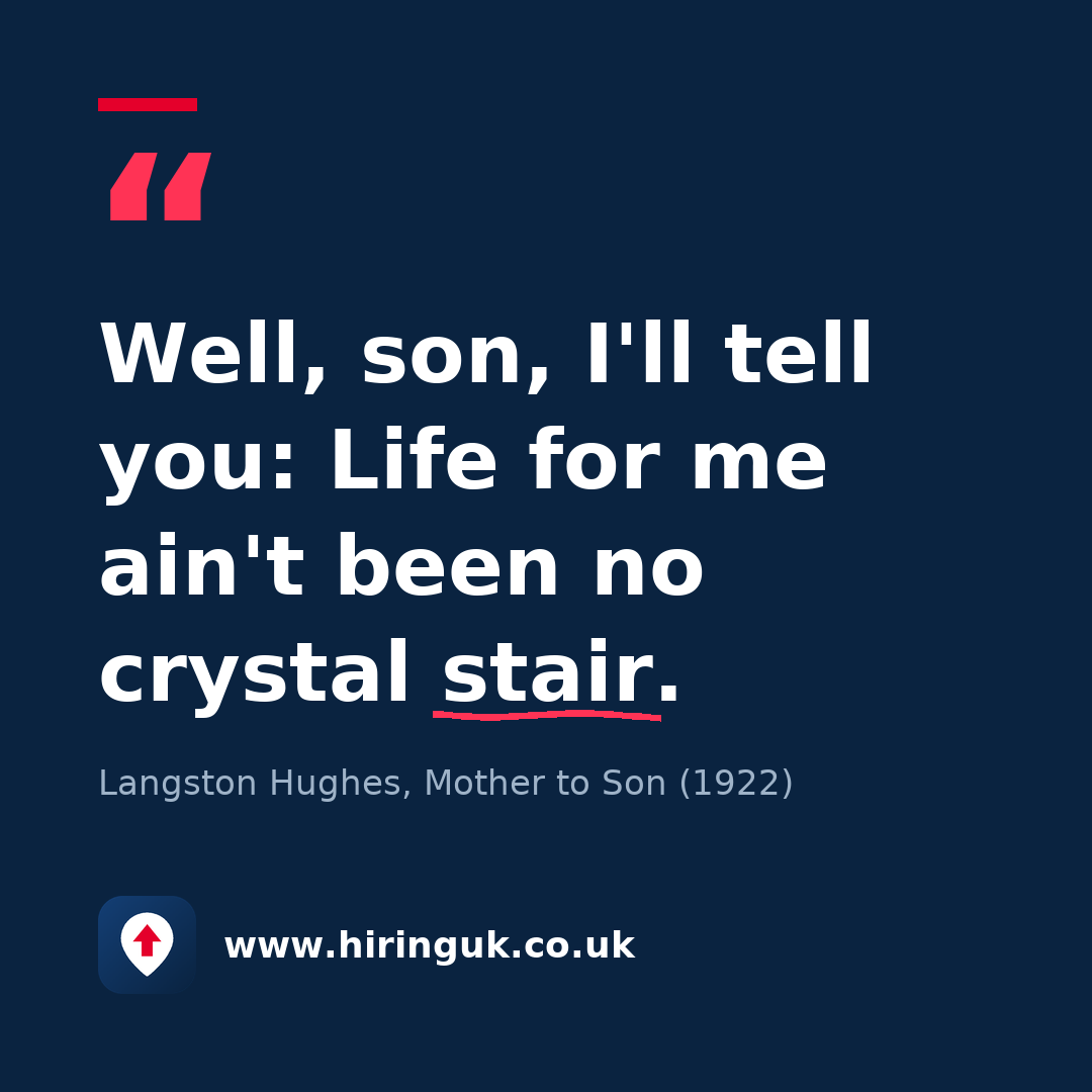 Quote card: Well, son, I'll tell you: Life for me ain't been no crystal stair.