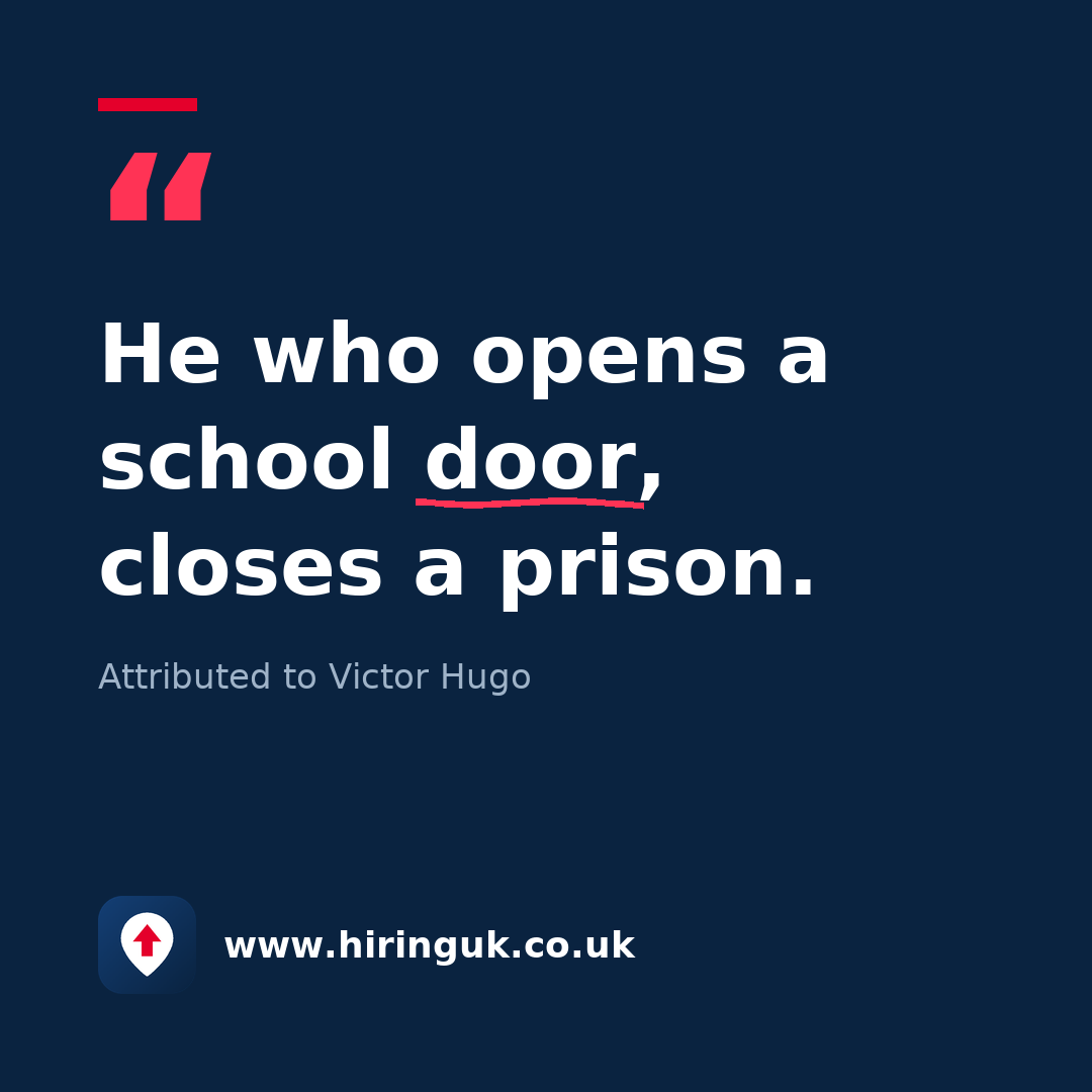 Quote card: He who opens a school door, closes a prison.