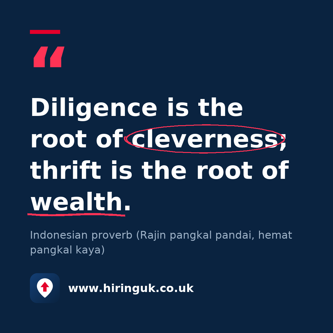 Quote card: Diligence is the root of cleverness; thrift is the root of wealth.