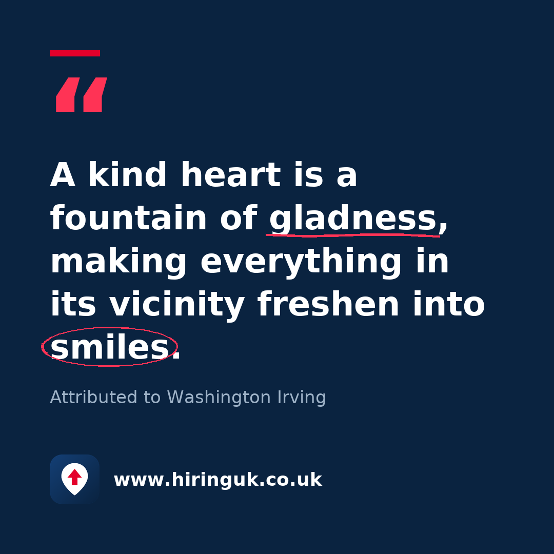 Quote card: A kind heart is a fountain of gladness, making everything in its vicinity freshen into smiles.