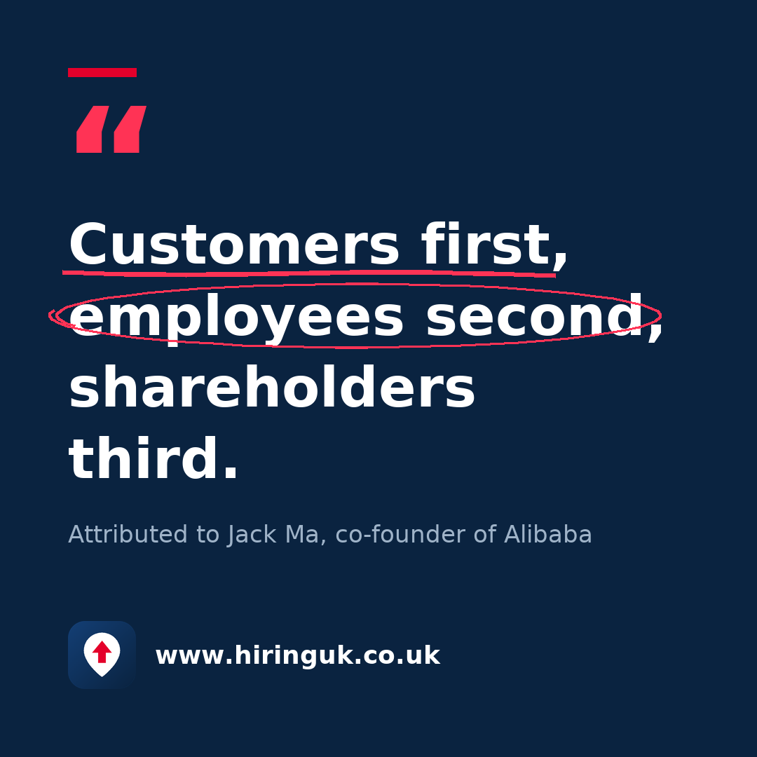 Quote card: Customers first, employees second, shareholders third.