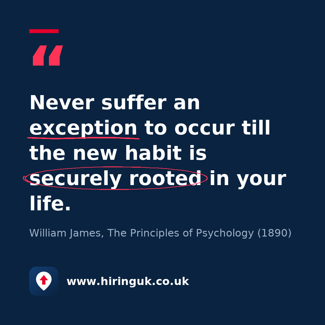 Quote card: Never suffer an exception to occur till the new habit is securely rooted in your life.