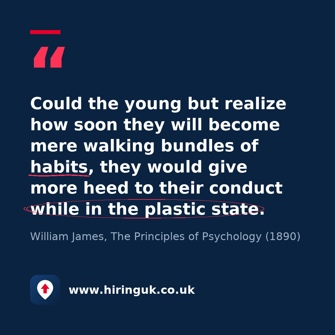 Quote card: Could the young but realize how soon they will become mere walking bundles of habits, they would give more heed to their conduct while in the plastic state.