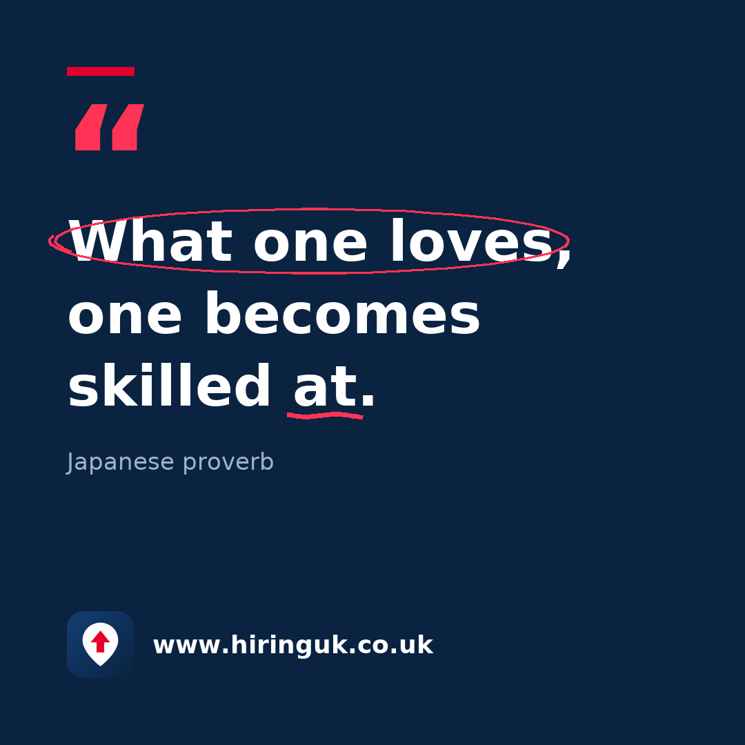 Quote card: What one loves, one becomes skilled at.