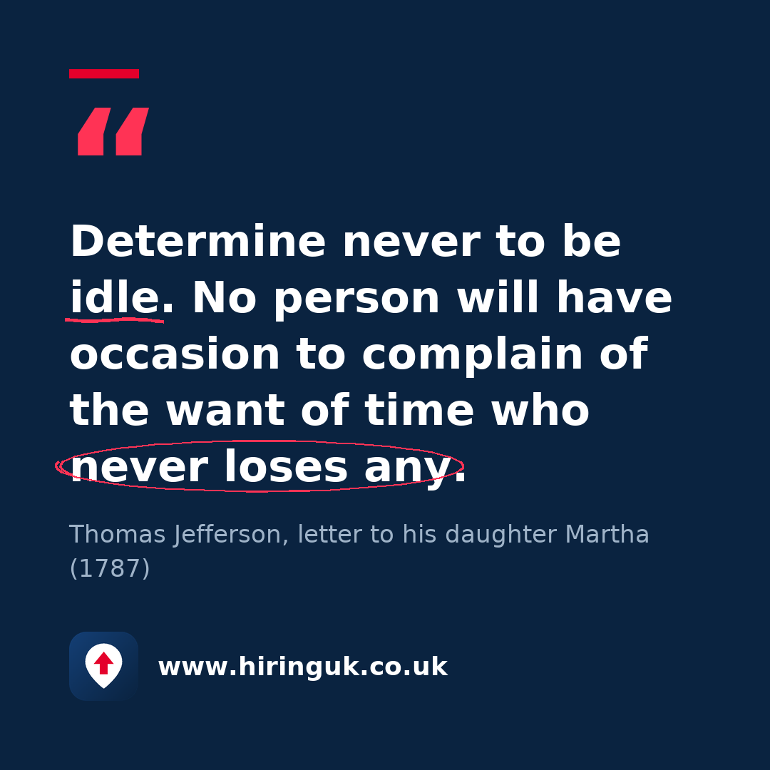 Quote card: Determine never to be idle. No person will have occasion to complain of the want of time who never loses any.