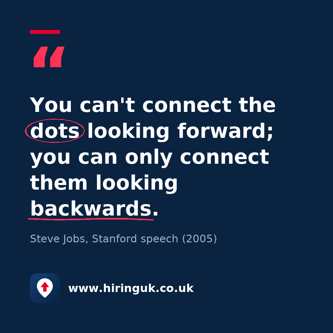Quote card: You can't connect the dots looking forward; you can only connect them looking backwards.