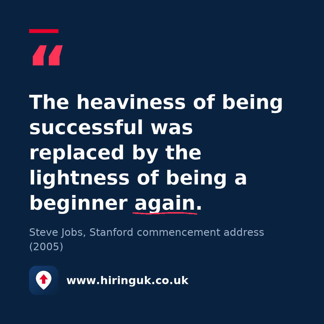 Quote card: The heaviness of being successful was replaced by the lightness of being a beginner again.