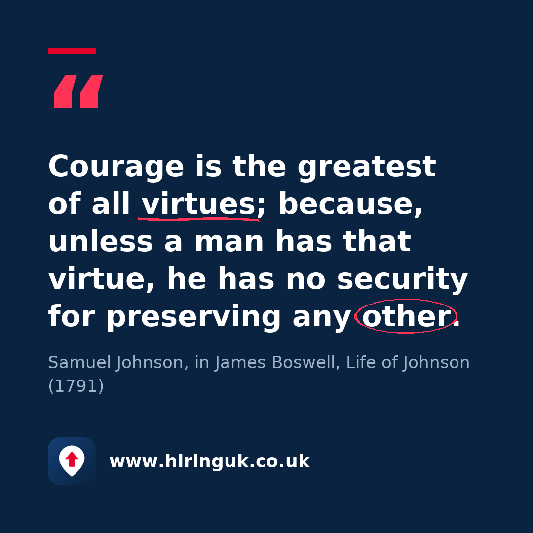 Quote card: Courage is the greatest of all virtues; because, unless a man has that virtue, he has no security for preserving any other.