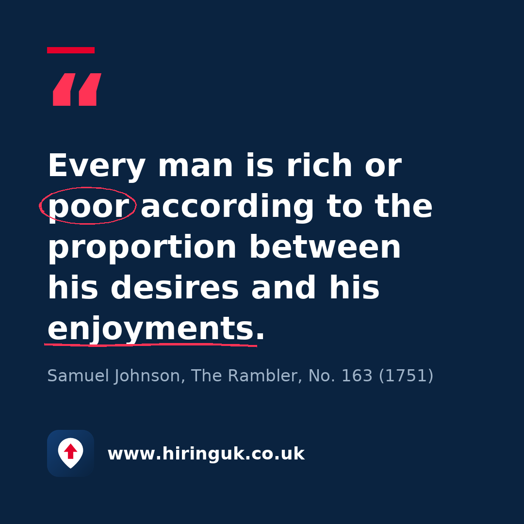 Quote card: Every man is rich or poor according to the proportion between his desires and his enjoyments.