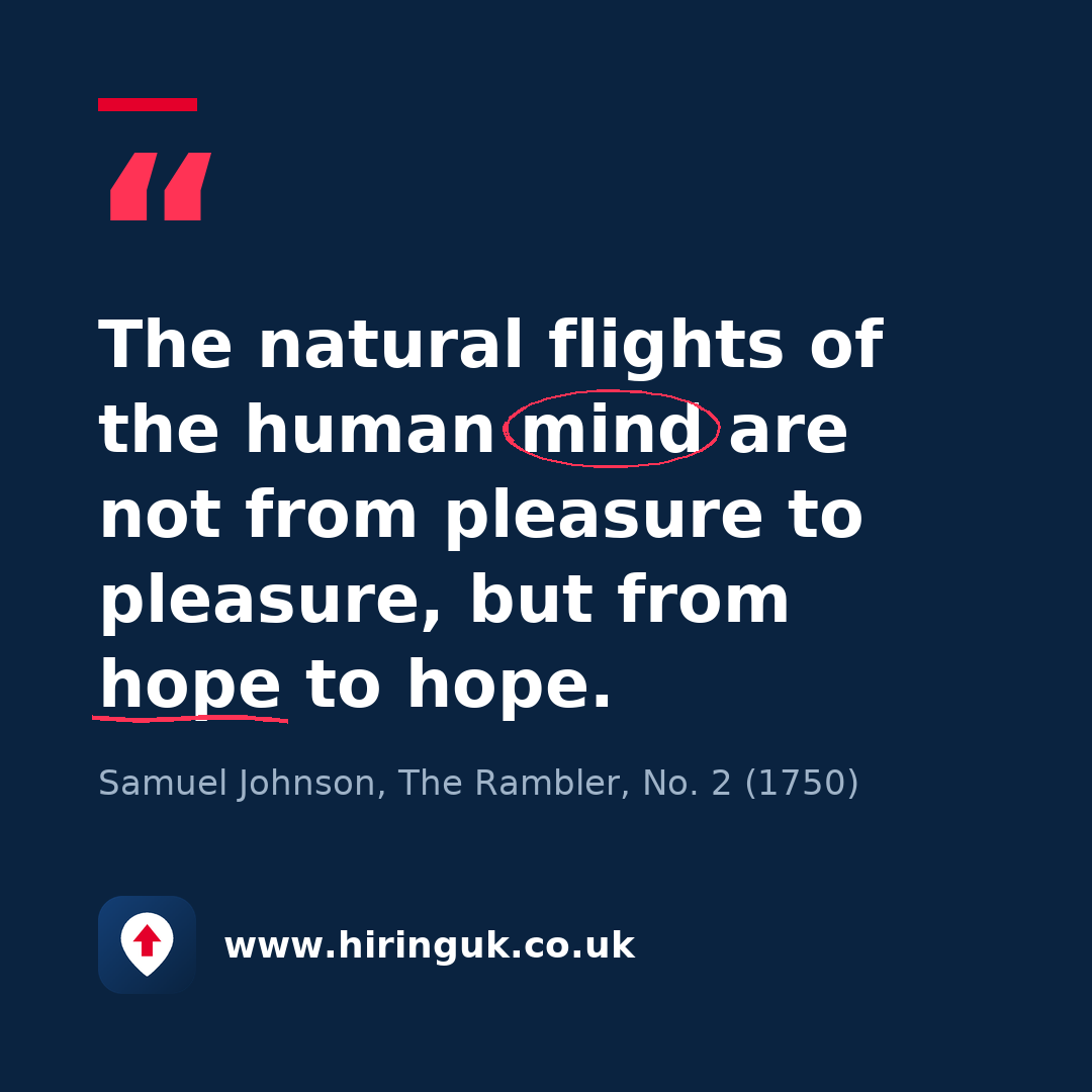 Quote card: The natural flights of the human mind are not from pleasure to pleasure, but from hope to hope.