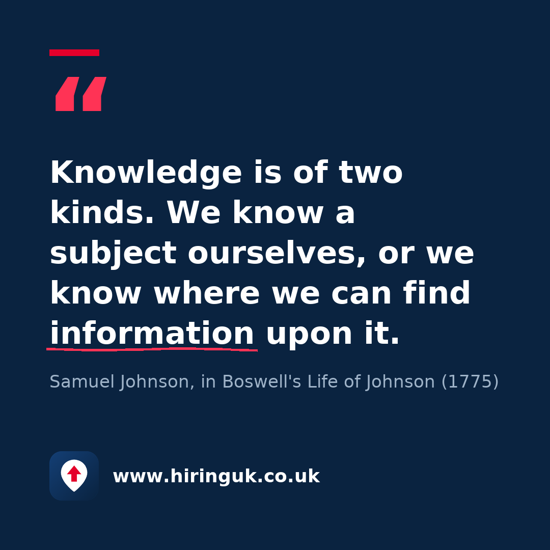 Quote card: Knowledge is of two kinds. We know a subject ourselves, or we know where we can find information upon it.