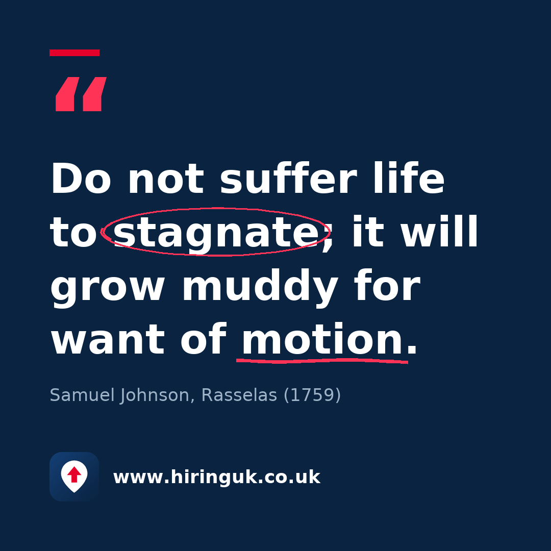 Quote card: Do not suffer life to stagnate; it will grow muddy for want of motion.