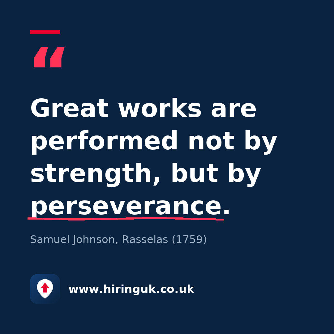 Quote card: Great works are performed not by strength, but by perseverance.