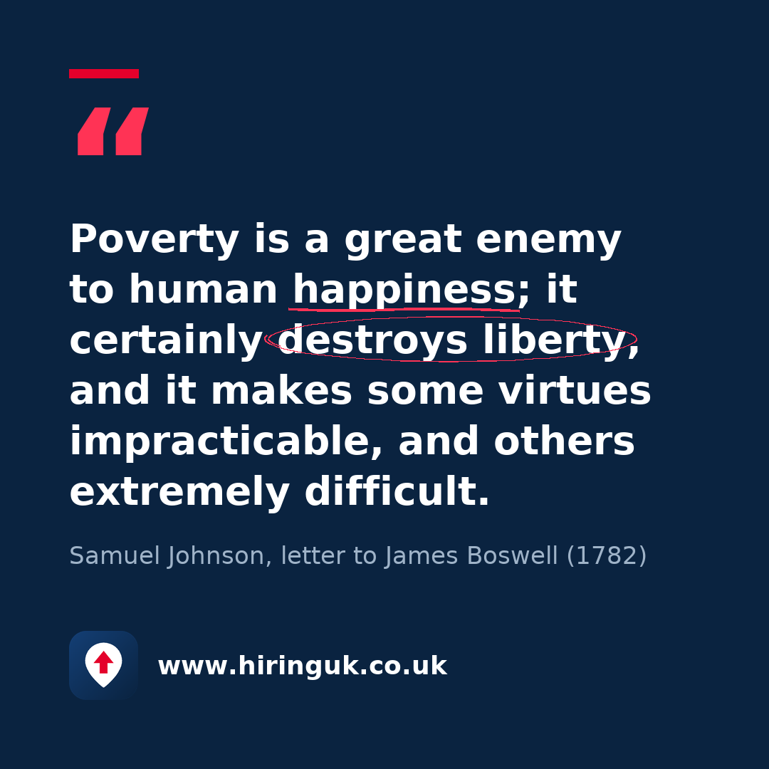 Quote card: Poverty is a great enemy to human happiness; it certainly destroys liberty, and it makes some virtues impracticable, and others extremely difficult.