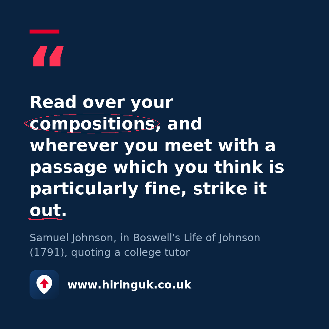 Quote card: Read over your compositions, and wherever you meet with a passage which you think is particularly fine, strike it out.