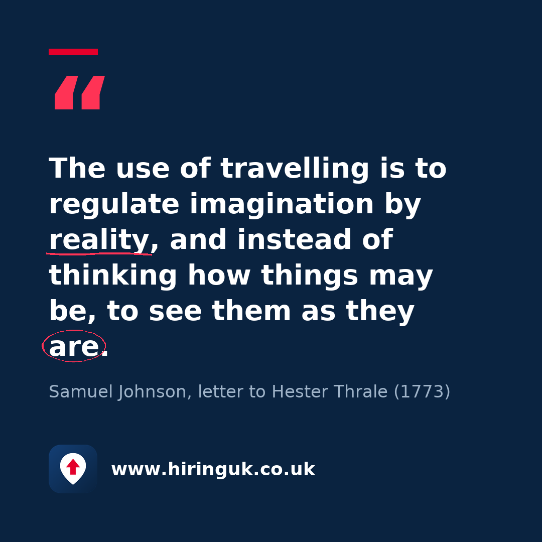 Quote card: The use of travelling is to regulate imagination by reality, and instead of thinking how things may be, to see them as they are.