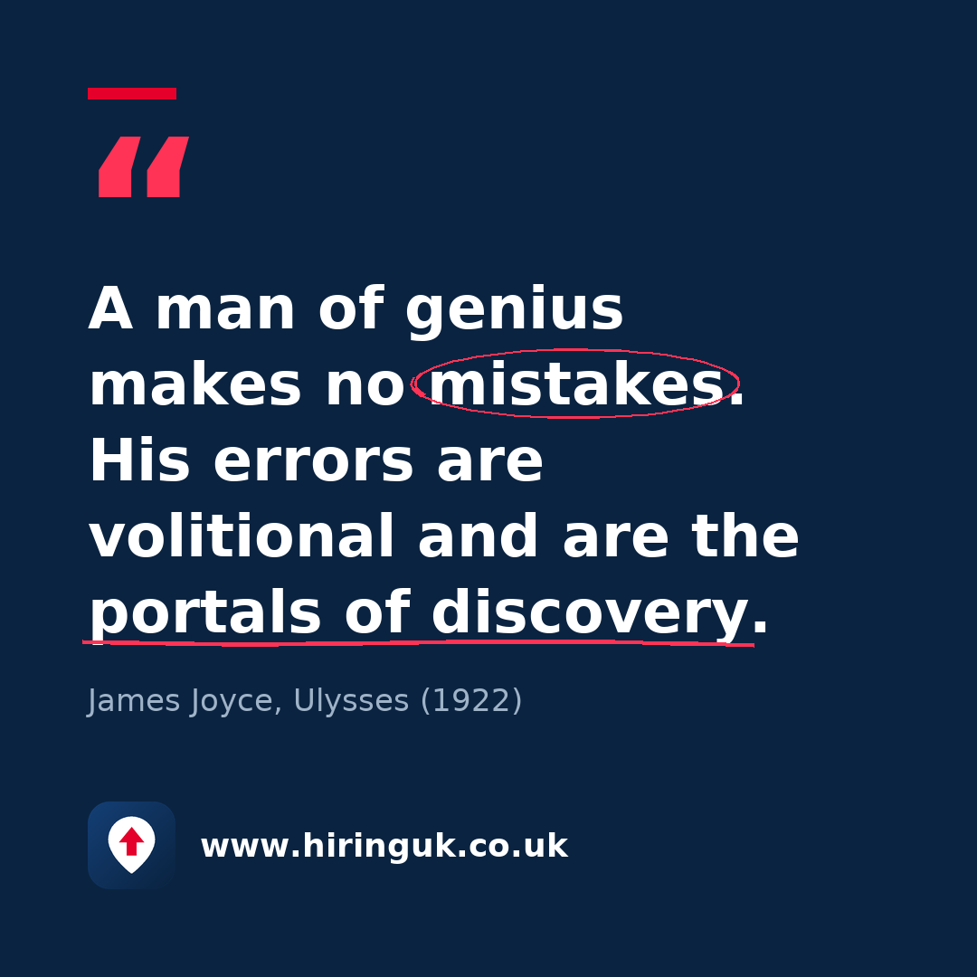 Quote card: A man of genius makes no mistakes. His errors are volitional and are the portals of discovery.
