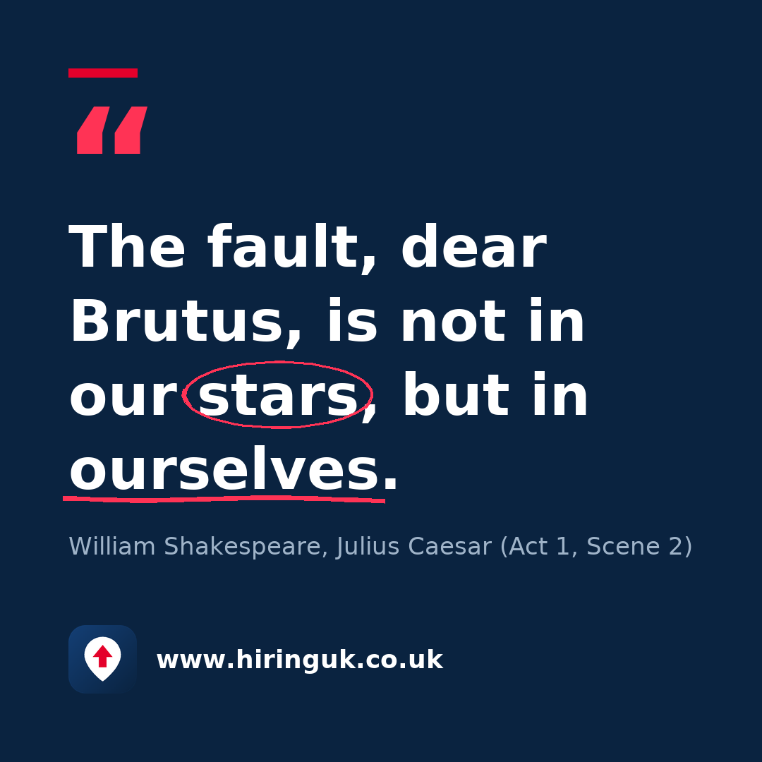 Quote card: The fault, dear Brutus, is not in our stars, but in ourselves.