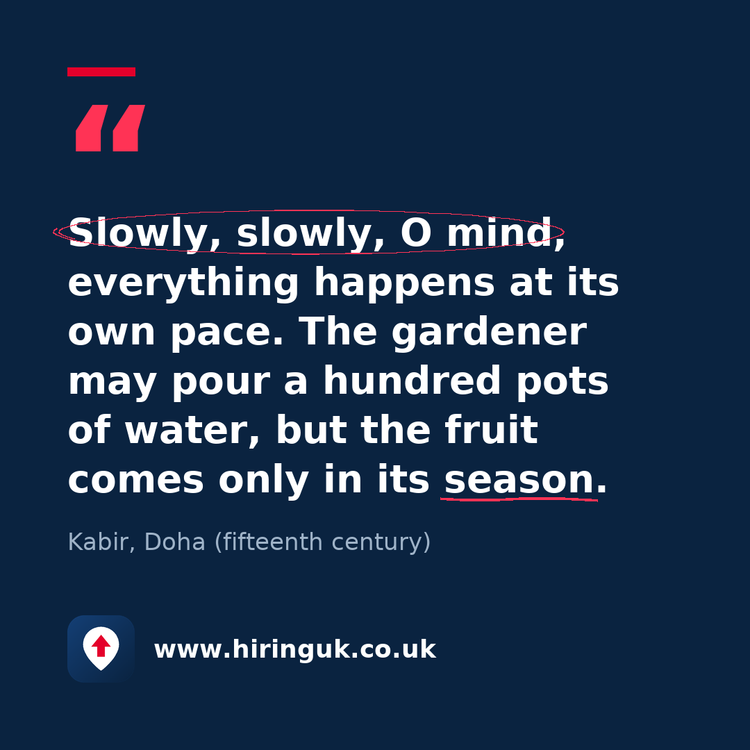 Quote card: Slowly, slowly, O mind, everything happens at its own pace. The gardener may pour a hundred pots of water, but the fruit comes only in its season.
