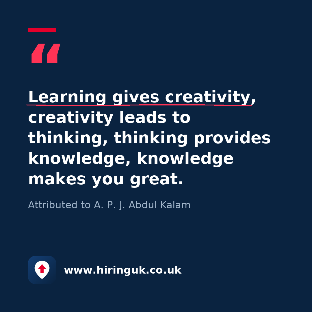 Quote card: Learning gives creativity, creativity leads to thinking, thinking provides knowledge, knowledge makes you great.