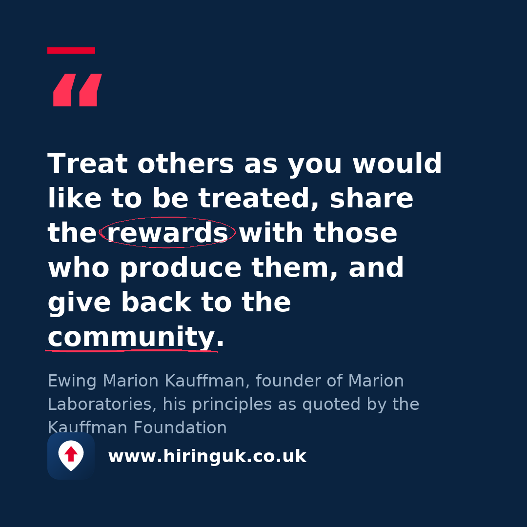 Quote card: Treat others as you would like to be treated, share the rewards with those who produce them, and give back to the community.