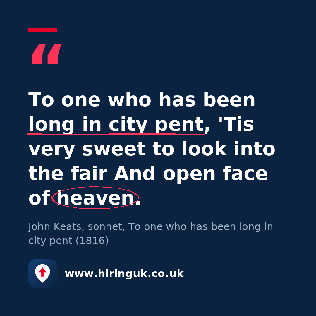 Quote card: To one who has been long in city pent, 'Tis very sweet to look into the fair And open face of heaven.