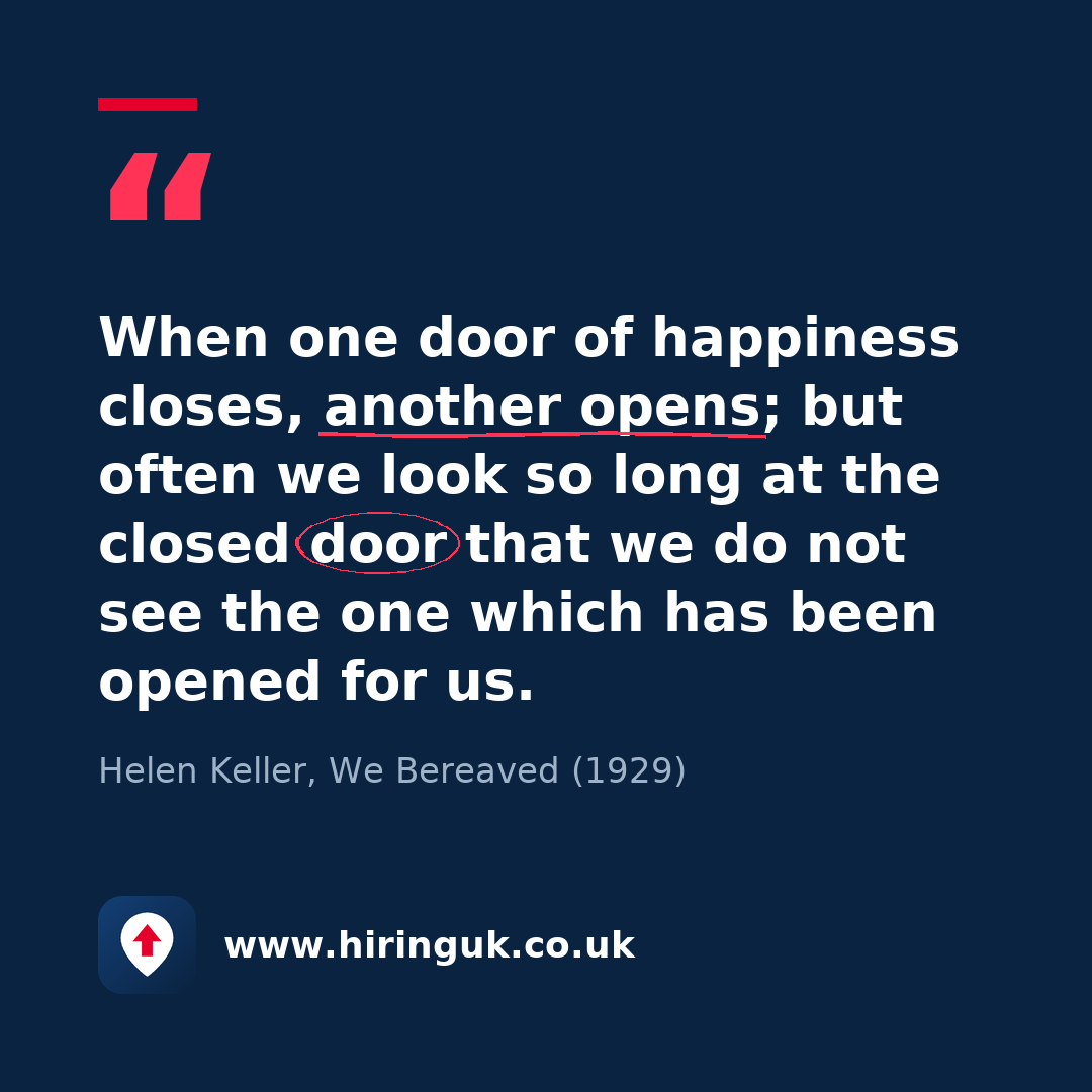 Quote card: When one door of happiness closes, another opens; but often we look so long at the closed door that we do not see the one which has been opened for us.