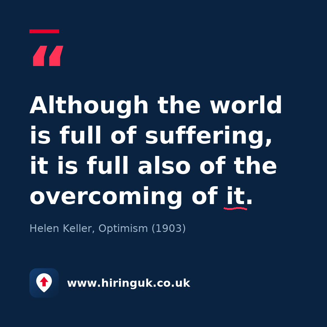Quote card: Although the world is full of suffering, it is full also of the overcoming of it.