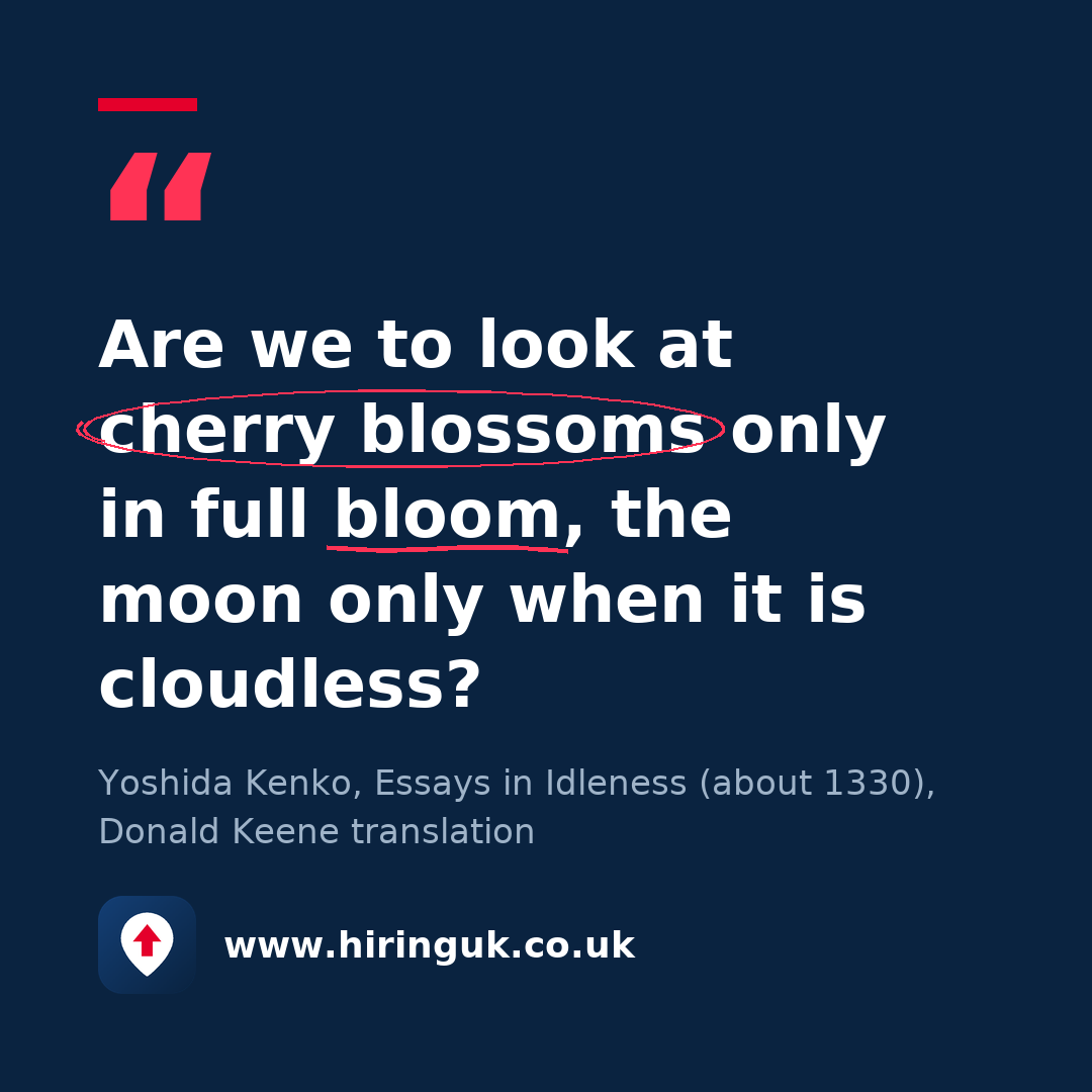Quote card: Are we to look at cherry blossoms only in full bloom, the moon only when it is cloudless?