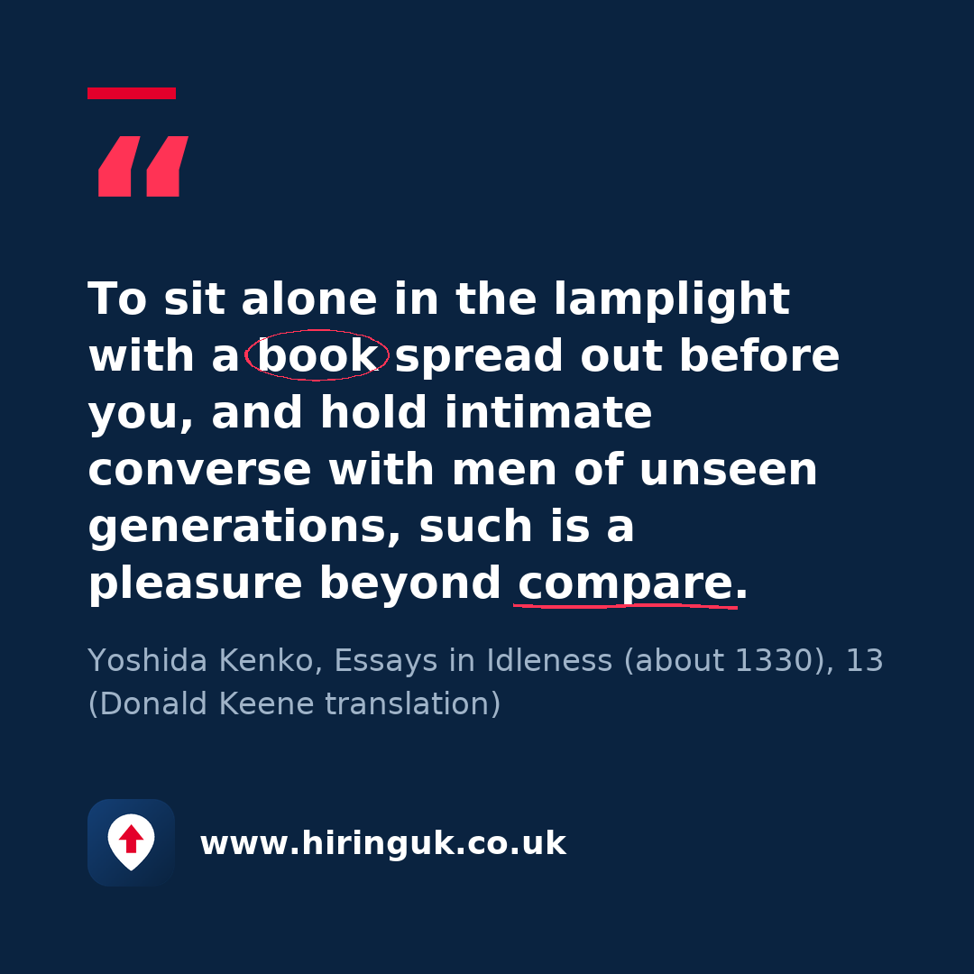 Quote card: To sit alone in the lamplight with a book spread out before you, and hold intimate converse with men of unseen generations, such is a pleasure beyond compare.
