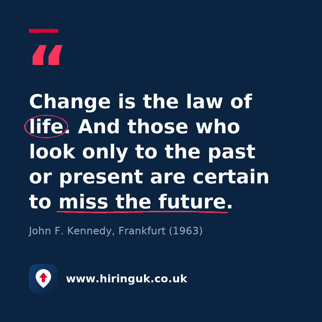 Quote card: Change is the law of life. And those who look only to the past or present are certain to miss the future.