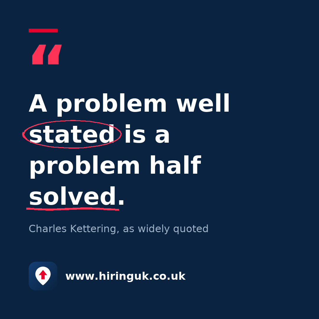 Quote card: A problem well stated is a problem half solved.
