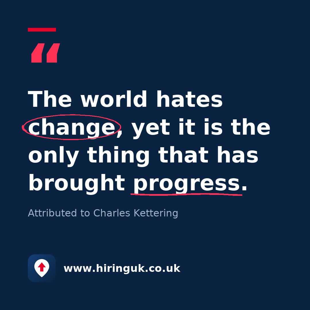 Quote card: The world hates change, yet it is the only thing that has brought progress.