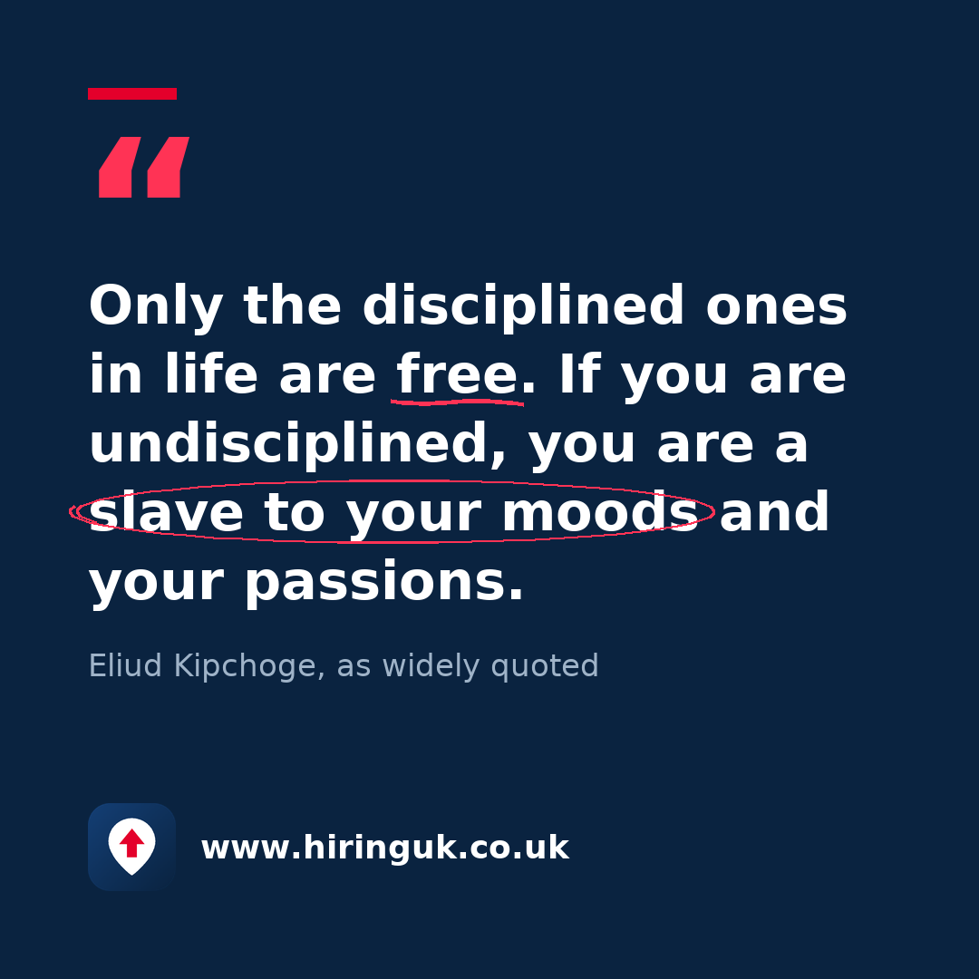 Quote card: Only the disciplined ones in life are free. If you are undisciplined, you are a slave to your moods and your passions.