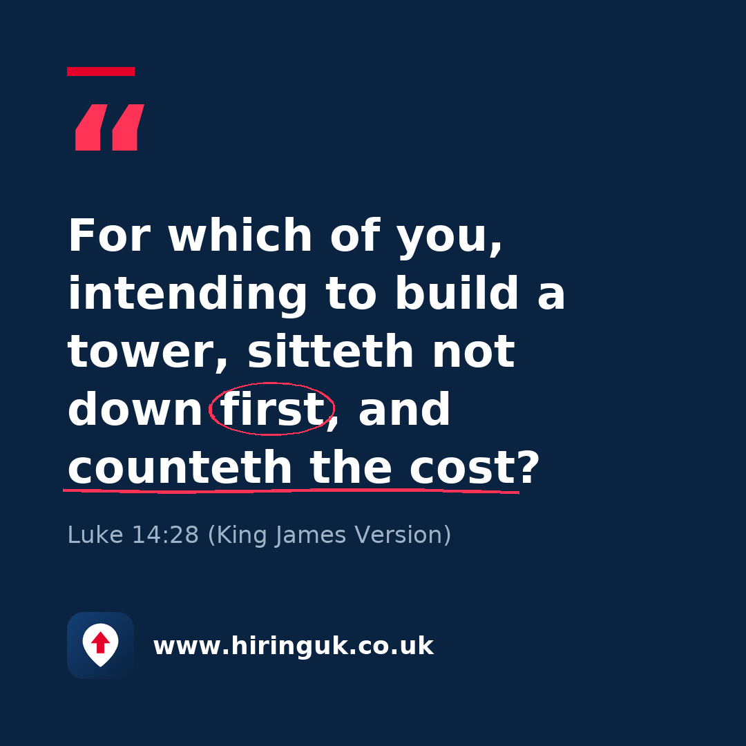 Quote card: For which of you, intending to build a tower, sitteth not down first, and counteth the cost?