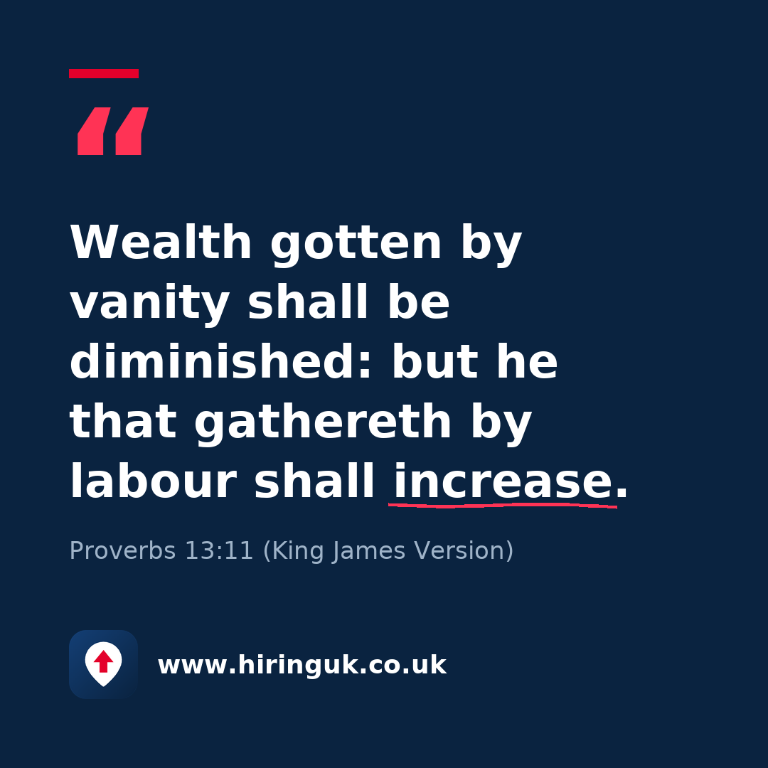 Quote card: Wealth gotten by vanity shall be diminished: but he that gathereth by labour shall increase.