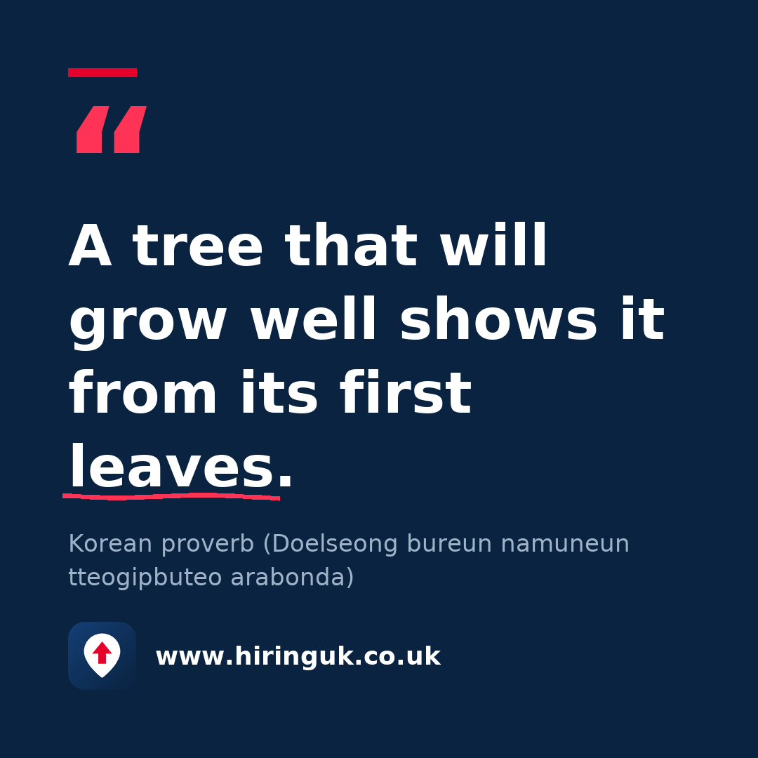 Quote card: A tree that will grow well shows it from its first leaves.