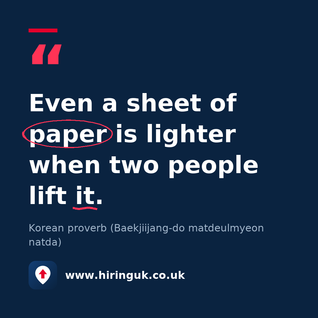 Quote card: Even a sheet of paper is lighter when two people lift it.