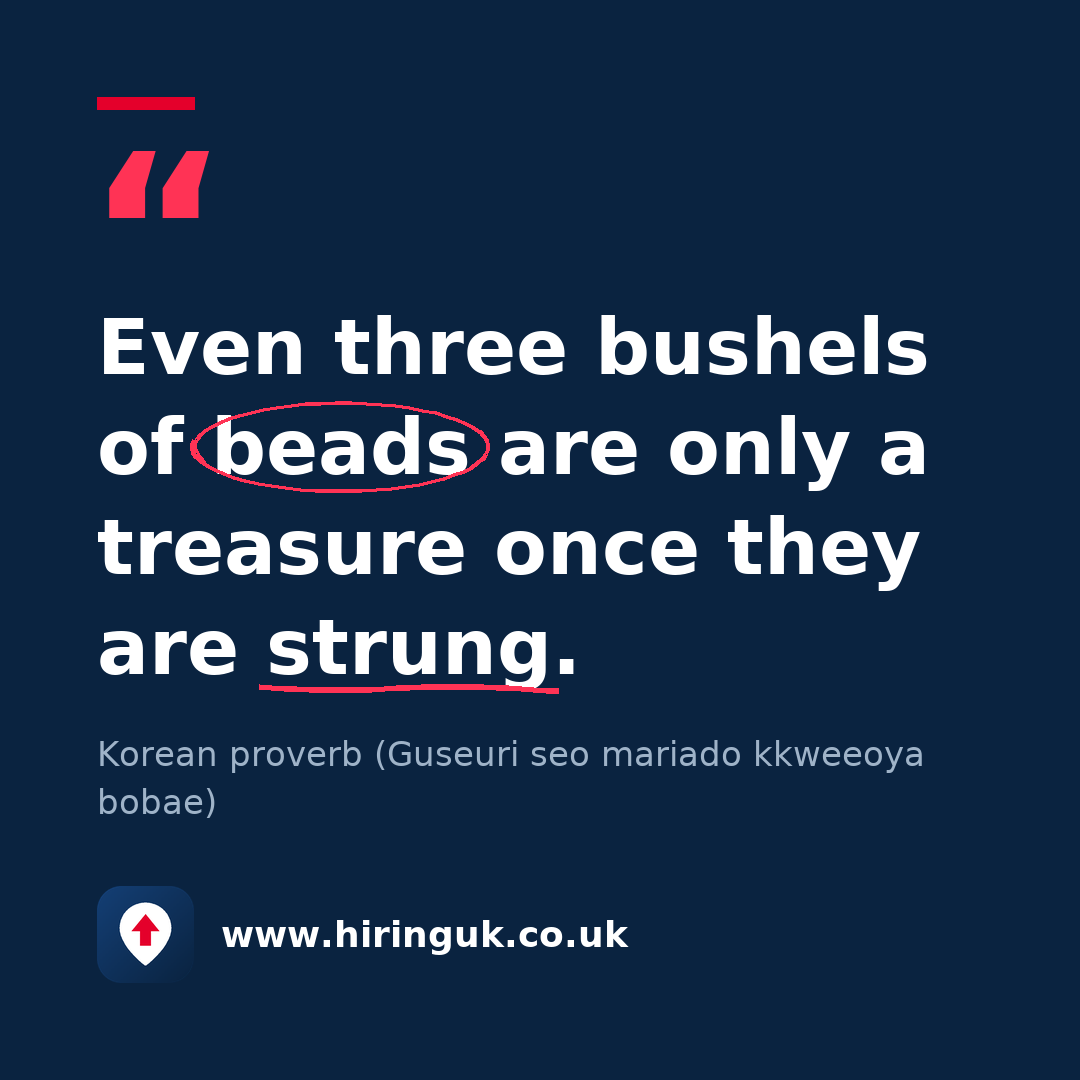 Quote card: Even three bushels of beads are only a treasure once they are strung.