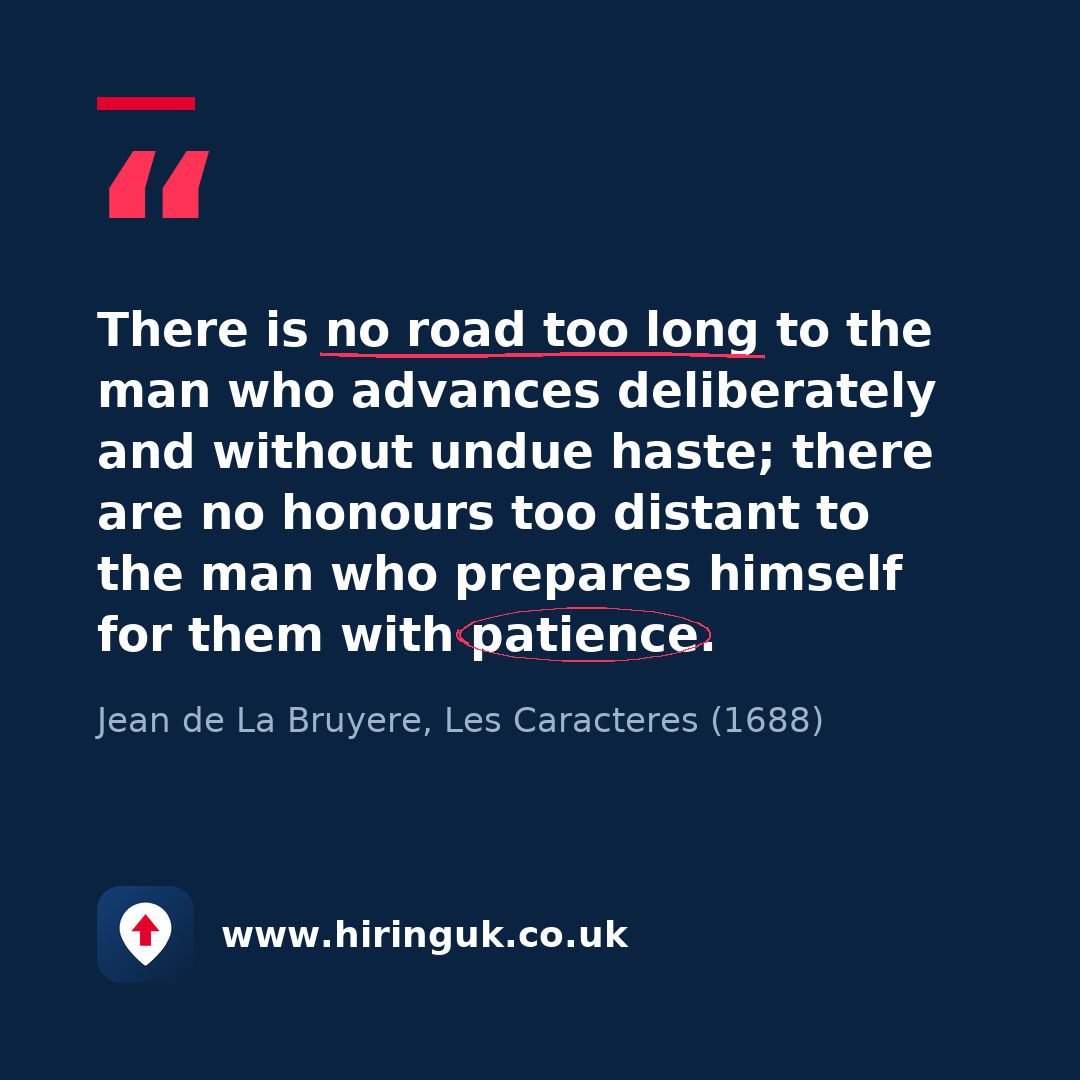 Quote card: There is no road too long to the man who advances deliberately and without undue haste; there are no honours too distant to the man who prepares himself for them with patience.