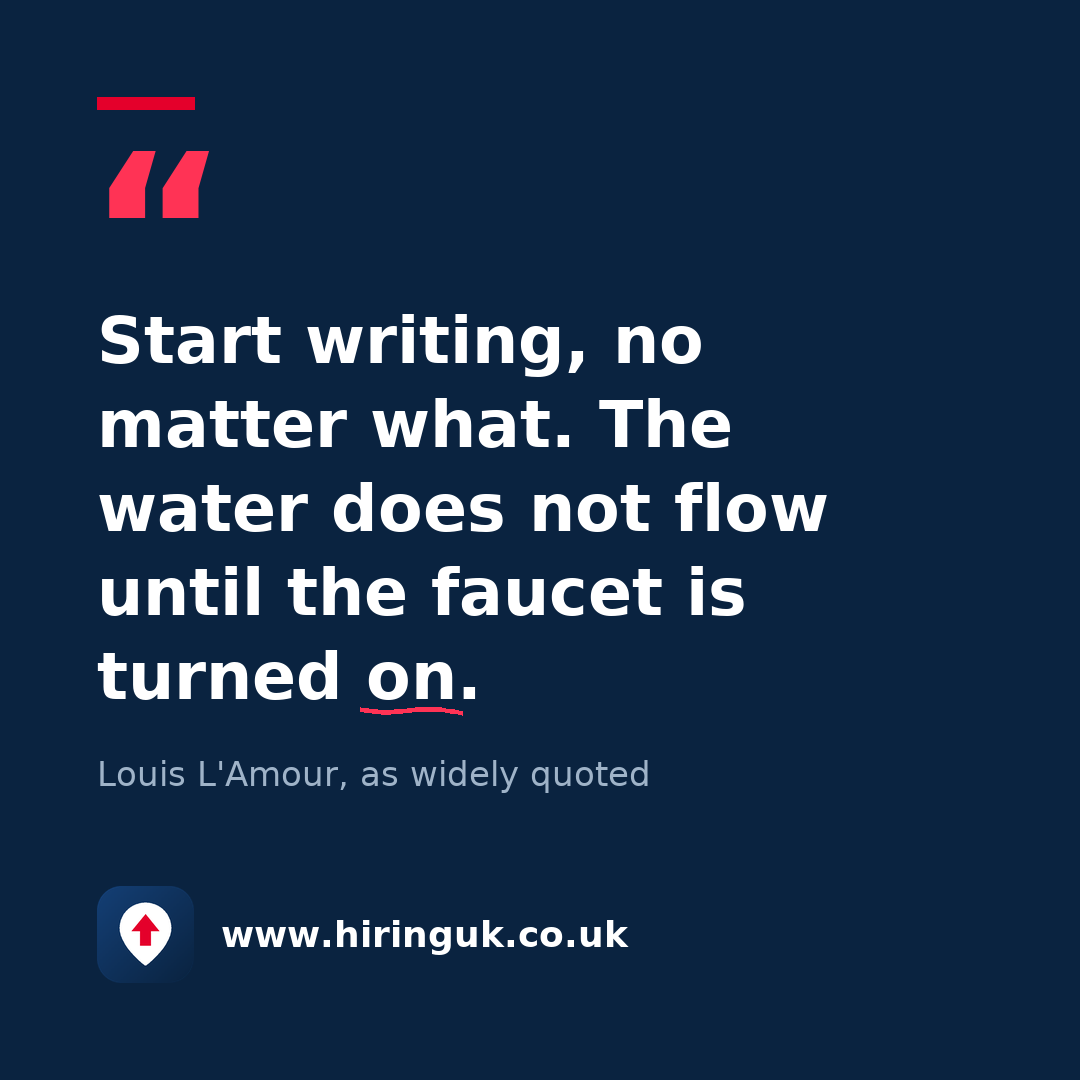 Quote card: Start writing, no matter what. The water does not flow until the faucet is turned on.