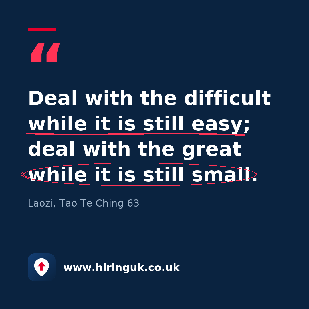Quote card: Deal with the difficult while it is still easy; deal with the great while it is still small.