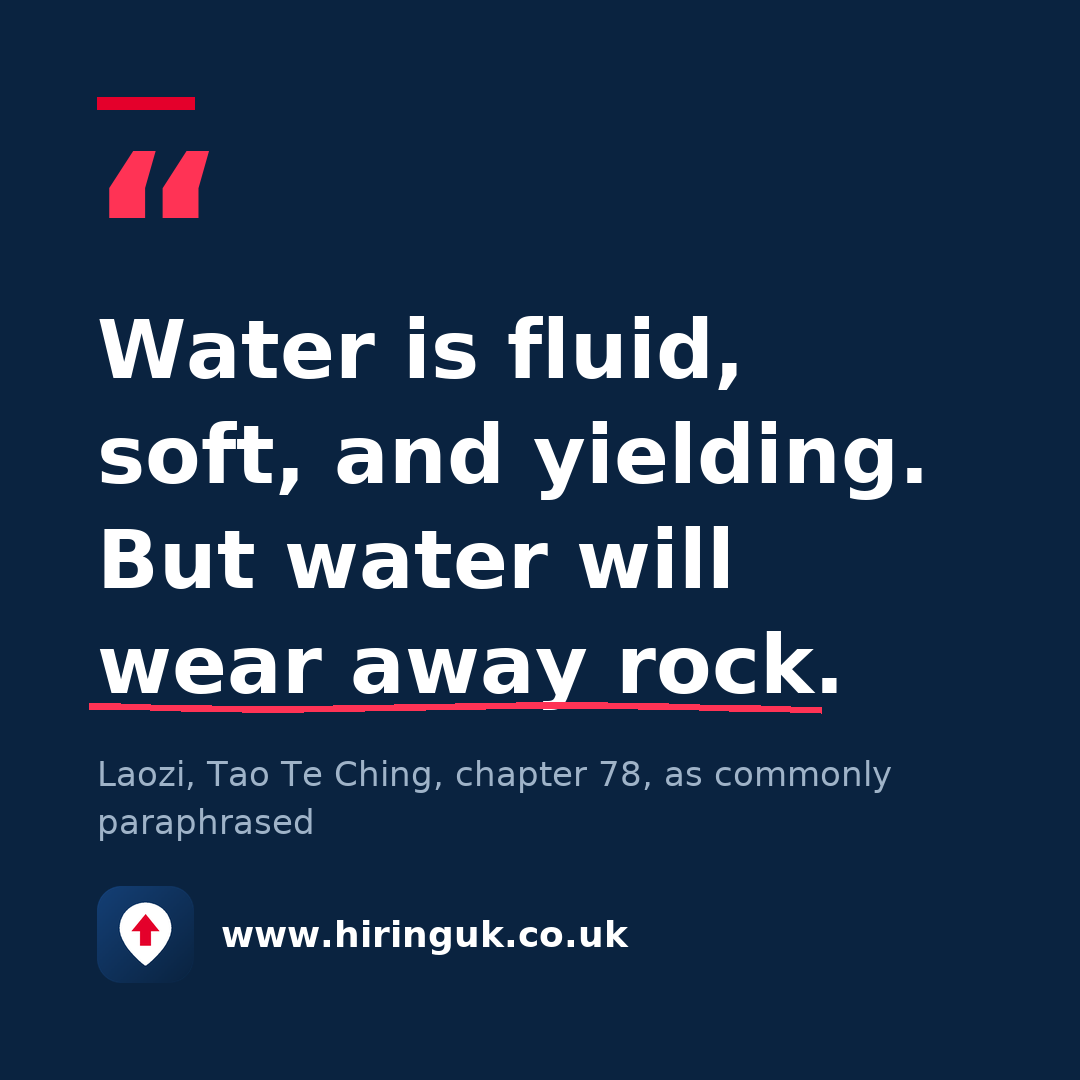Quote card: Water is fluid, soft, and yielding. But water will wear away rock.