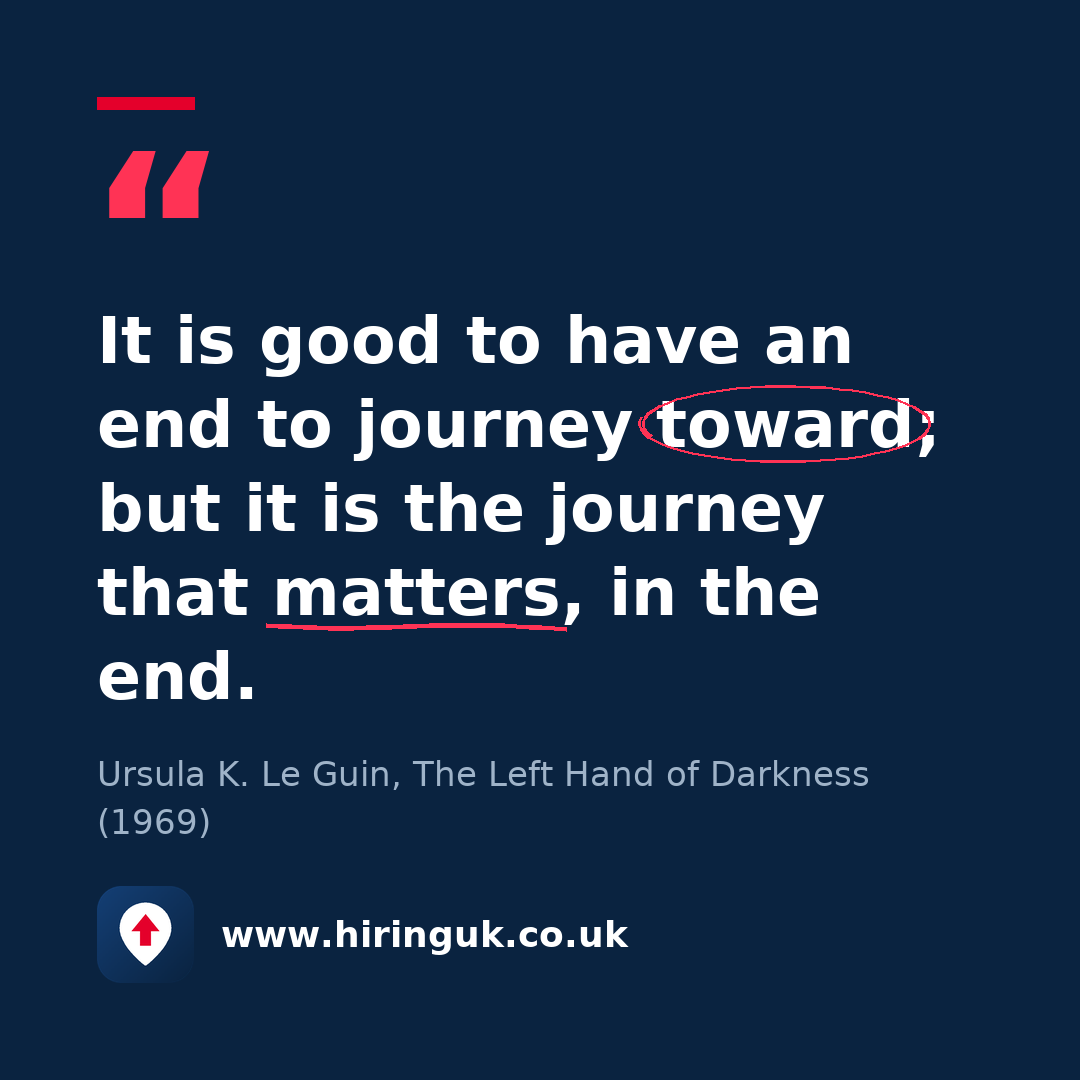 Quote card: It is good to have an end to journey toward; but it is the journey that matters, in the end.