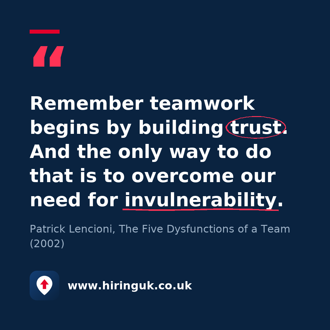 Quote card: Remember teamwork begins by building trust. And the only way to do that is to overcome our need for invulnerability.