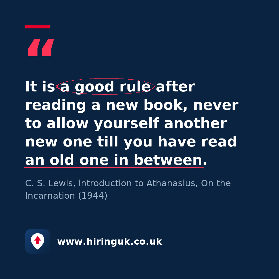Quote card: It is a good rule after reading a new book, never to allow yourself another new one till you have read an old one in between.