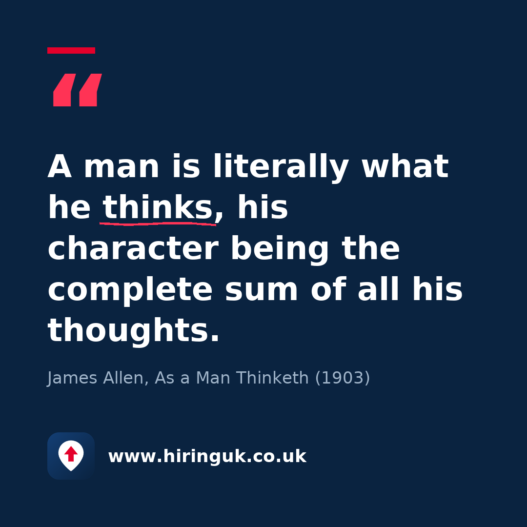 Quote card: A man is literally what he thinks, his character being the complete sum of all his thoughts.